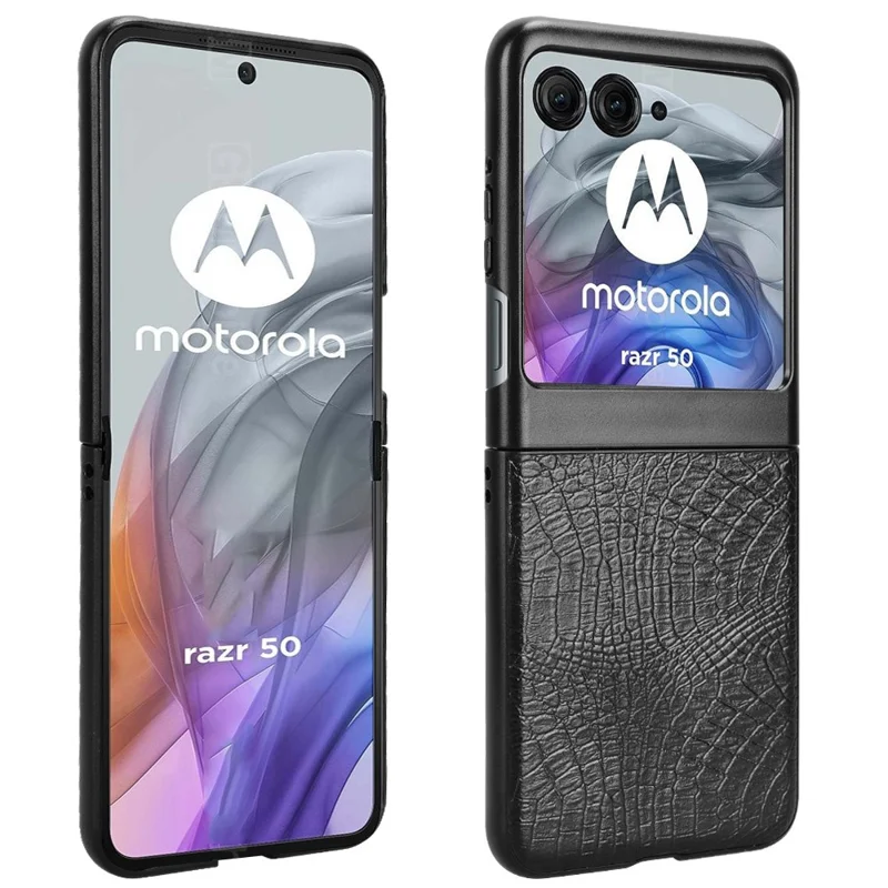 Чехол для Motorola Razr 60 с текстурой крокодиловой кожи, жесткий пластиковый чехол с кожаным покрытием - Черный