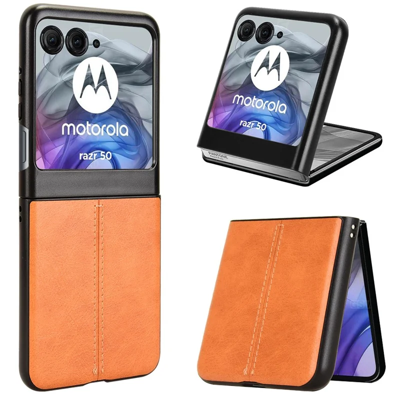 Чехол для Motorola Razr 60 с отстроченной линией, из ПК, обтянутый кожзаменителем - Оранжевый