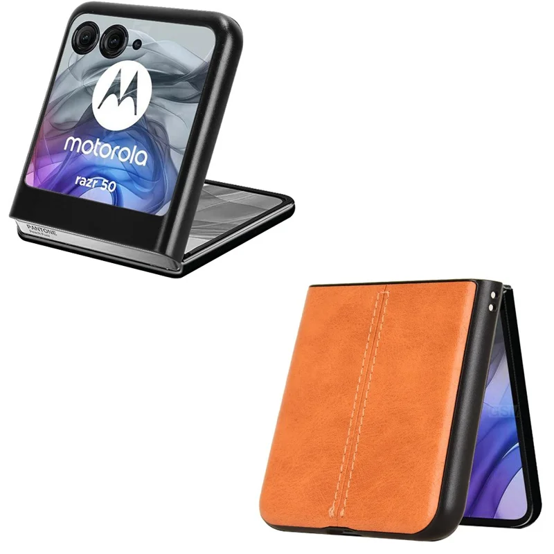 Чехол для Motorola Razr 60 с отстроченной линией, из ПК, обтянутый кожзаменителем - Оранжевый
