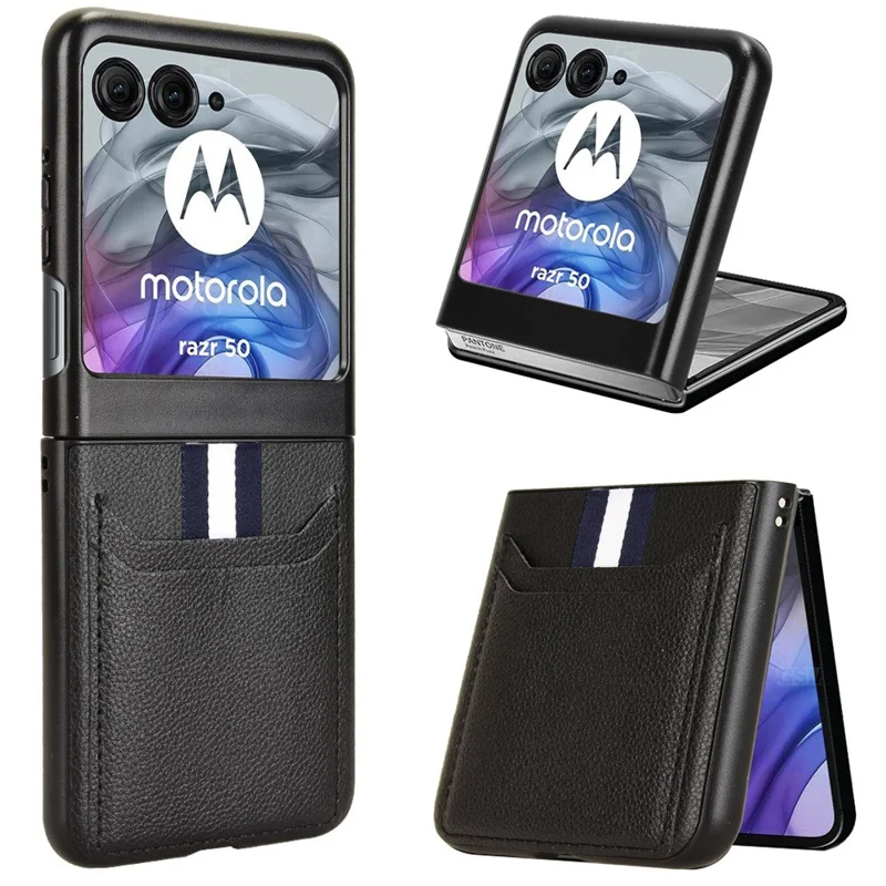 Чехол для Motorola Razr 60 с держателем карт, текстура личи, кожа + ПК - Черный