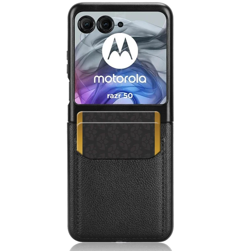 Чехол для Motorola Razr 60 с держателем карт, текстура личи, кожа + ПК - Черный