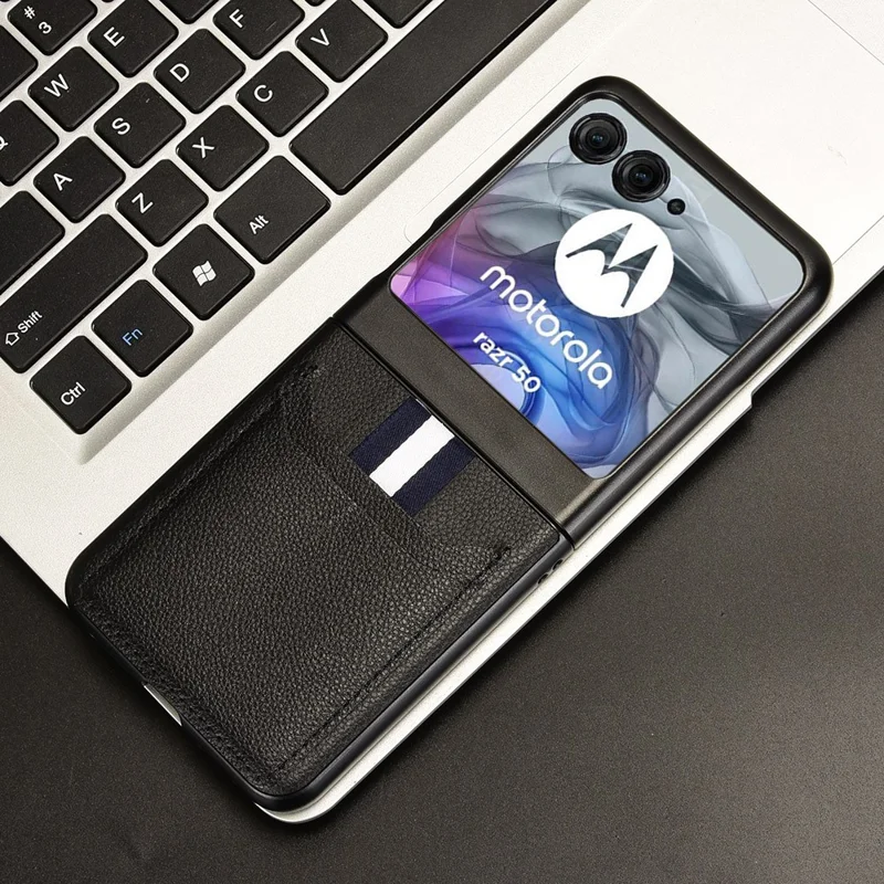 Чехол для Motorola Razr 60 с держателем карт, текстура личи, кожа + ПК - Черный