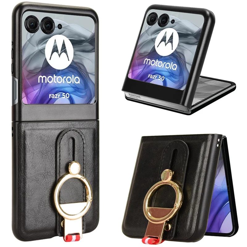Pour Motorola Razr 60 Étui avec Bracelet et Béquille en Cuir + PC + TPU Housse de Téléphone avec Décapsuleur - Noir