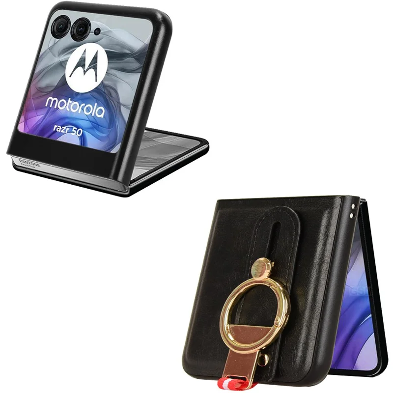 Pour Motorola Razr 60 Étui avec Bracelet et Béquille en Cuir + PC + TPU Housse de Téléphone avec Décapsuleur - Noir