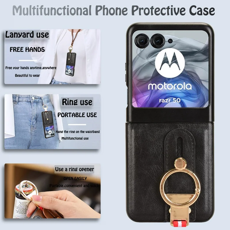 Pour Motorola Razr 60 Étui avec Bracelet et Béquille en Cuir + PC + TPU Housse de Téléphone avec Décapsuleur - Noir