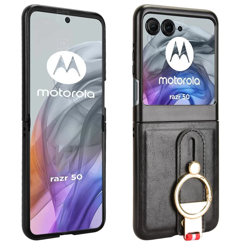 Pour Motorola Razr 60 Étui avec Bracelet et Béquille en Cuir + PC + TPU Housse de Téléphone avec Décapsuleur - Noir