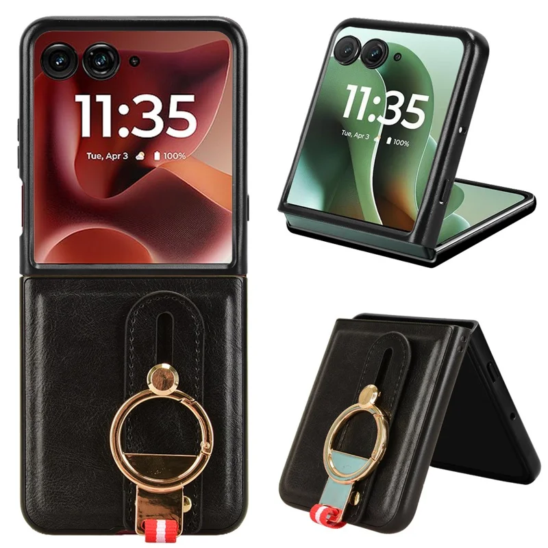Capa para Motorola Razr 60 Ultra 5G com Alça de Pulso, Suporte de Apoio, Couro + PC + TPU, Capa de Celular com Abridor de Garrafas - Preto