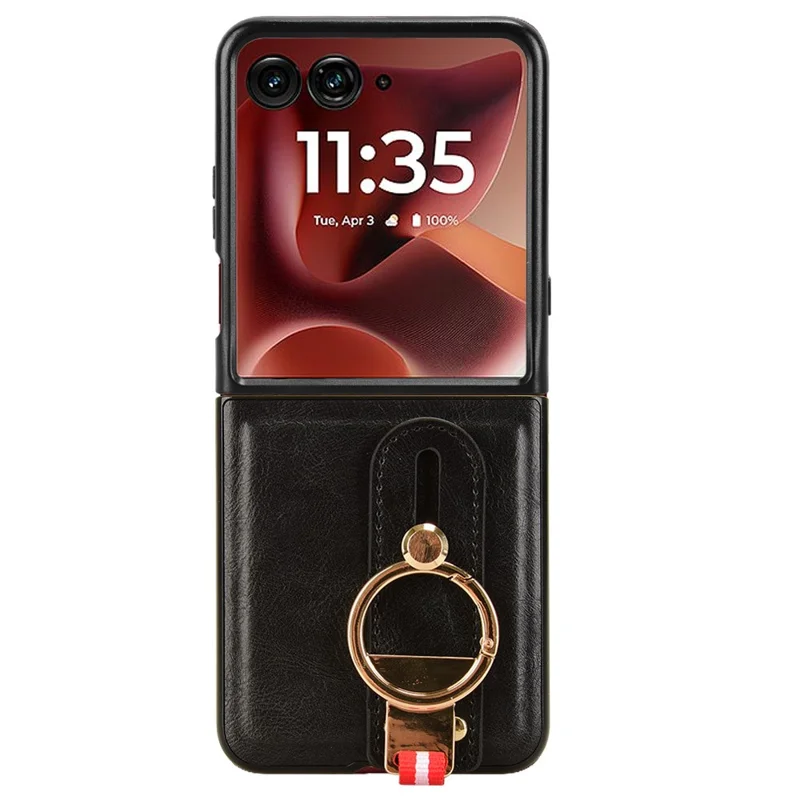 Capa para Motorola Razr 60 Ultra 5G com Alça de Pulso, Suporte de Apoio, Couro + PC + TPU, Capa de Celular com Abridor de Garrafas - Preto