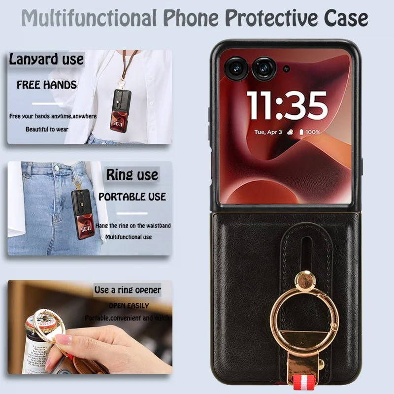 Capa para Motorola Razr 60 Ultra 5G com Alça de Pulso, Suporte de Apoio, Couro + PC + TPU, Capa de Celular com Abridor de Garrafas - Preto