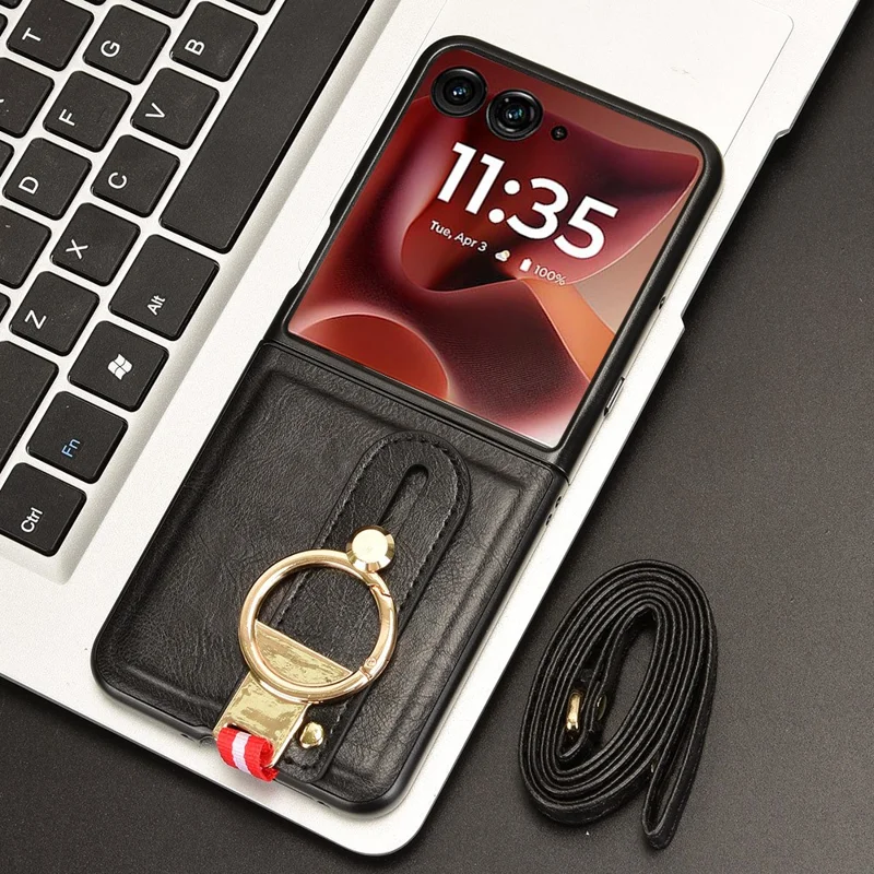 Capa para Motorola Razr 60 Ultra 5G com Alça de Pulso, Suporte de Apoio, Couro + PC + TPU, Capa de Celular com Abridor de Garrafas - Preto