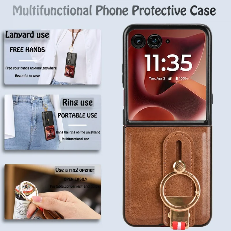 For Motorola Razr 60 Ultra 5G Case Wristband Kickstand Leather + PC + TPU Phone Cover with Bottle Opener - Brown