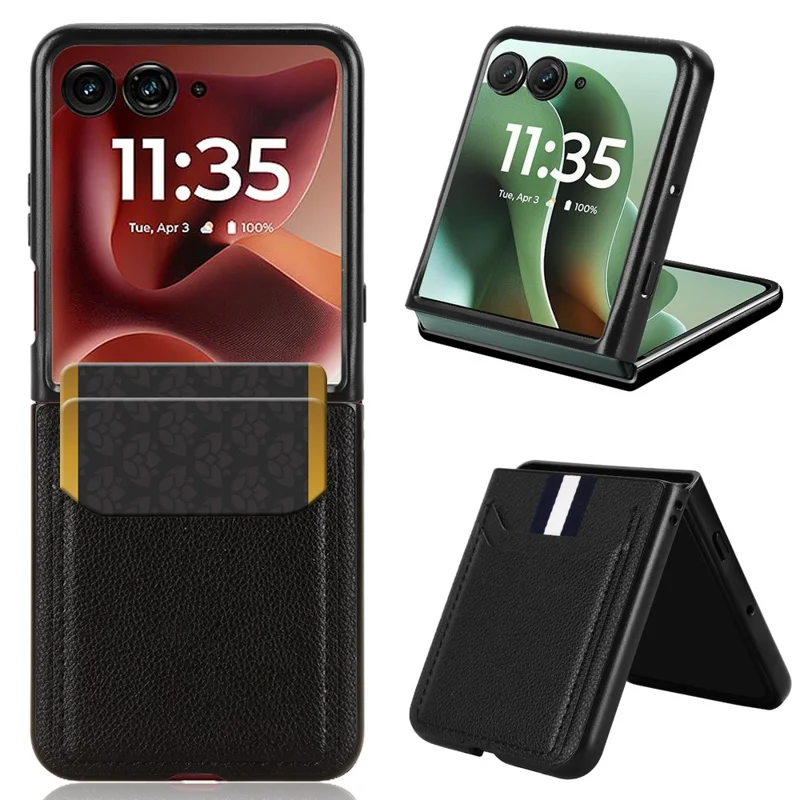For Motorola Razr 60 Ultra 5G Case Card Holder Litchi Texture Leather + PC Phone Cover - Black