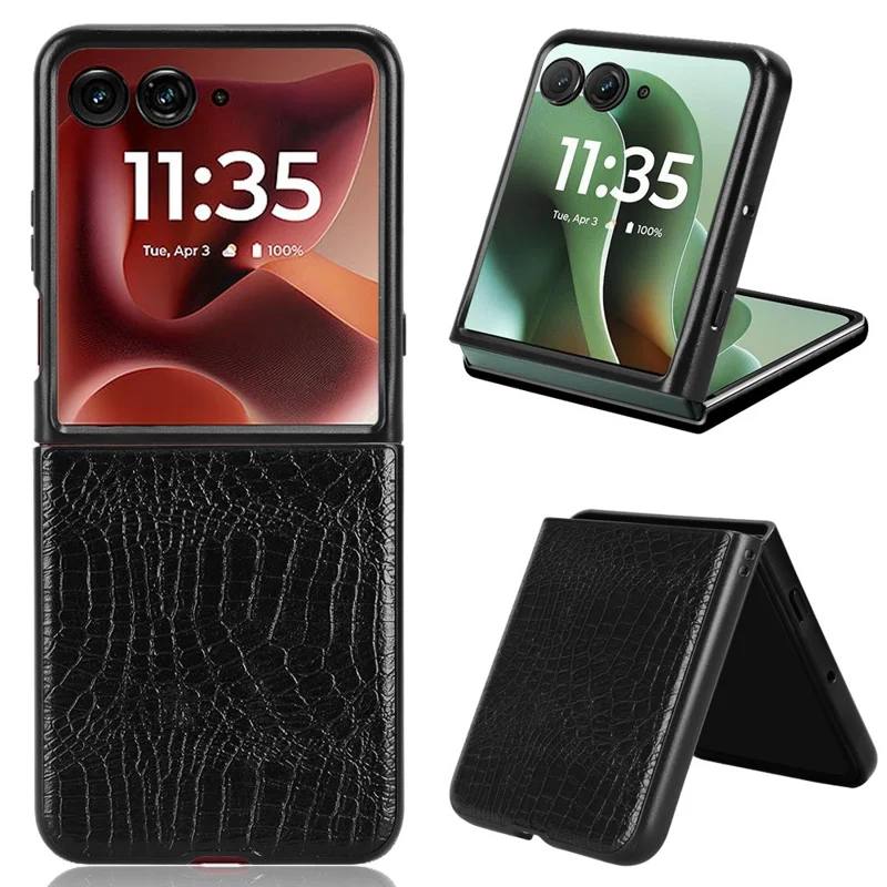 For Motorola Razr 60 Ultra 5G Case Crocodile Texture Leather Coated Hard PC Phone Cover - Black