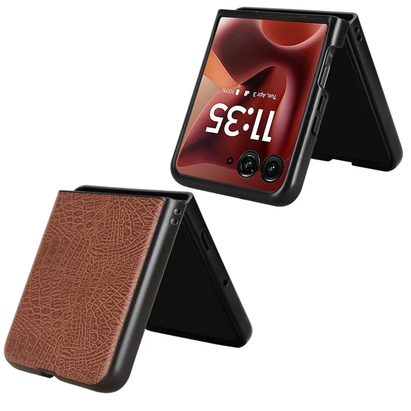 For Motorola Razr 60 Ultra 5G Case Crocodile Texture Leather Coated Hard PC Phone Cover - Brown