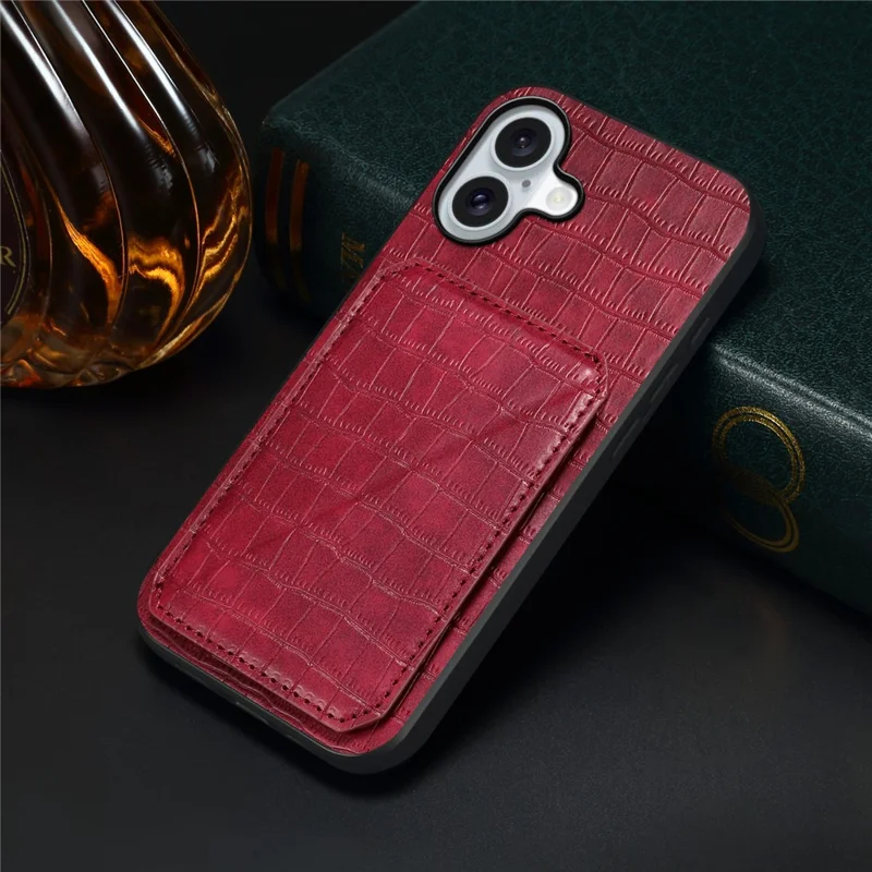 For iPhone 17 Case with Card Holder Leather + PC + TPU Crocodile Textured Back Cover - Rose