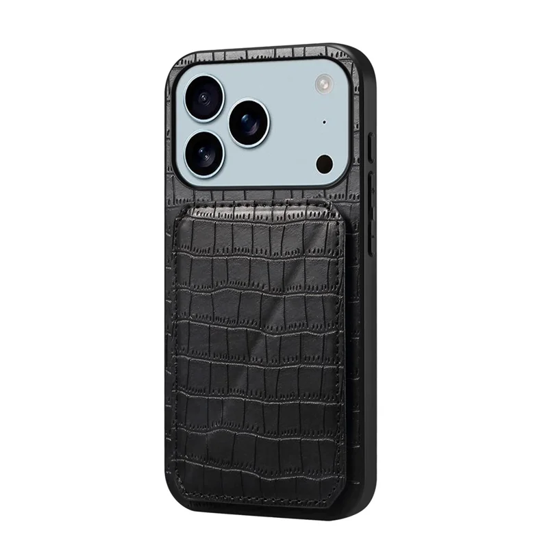 For iPhone 17 Pro Case with Card Holder Leather + PC + TPU Crocodile Textured Back Cover - Black