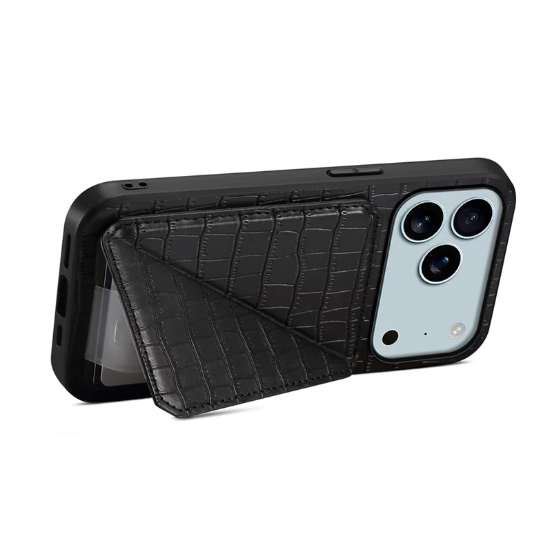 For iPhone 17 Pro Case with Card Holder Leather + PC + TPU Crocodile Textured Back Cover - Black