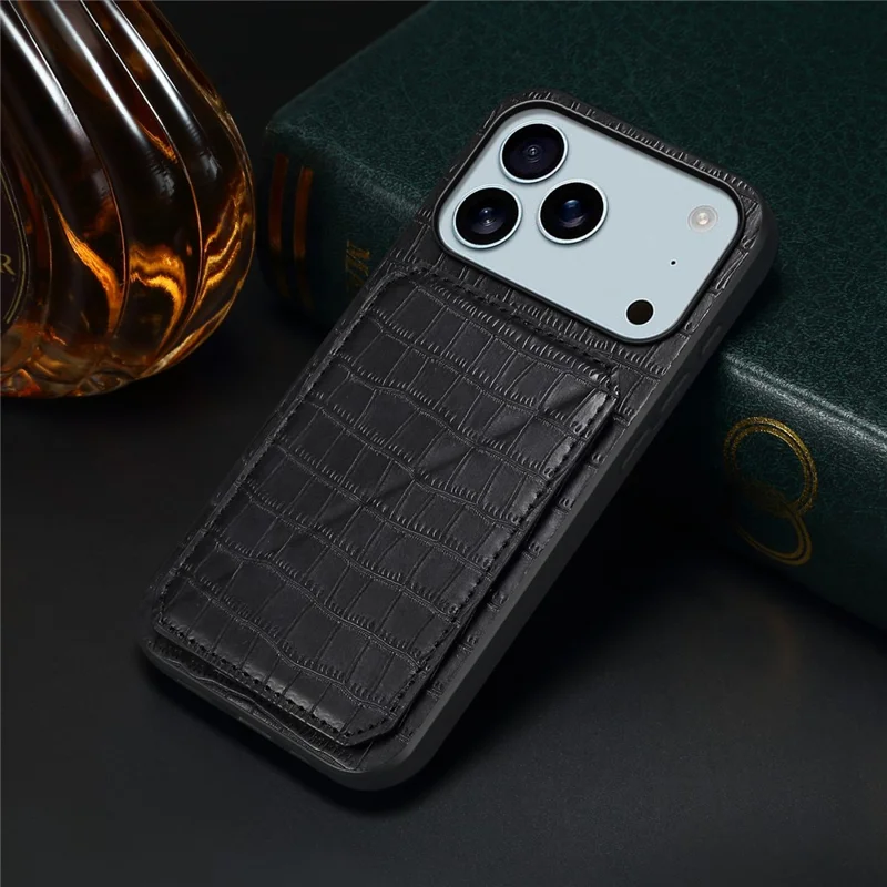 For iPhone 17 Pro Case with Card Holder Leather + PC + TPU Crocodile Textured Back Cover - Black