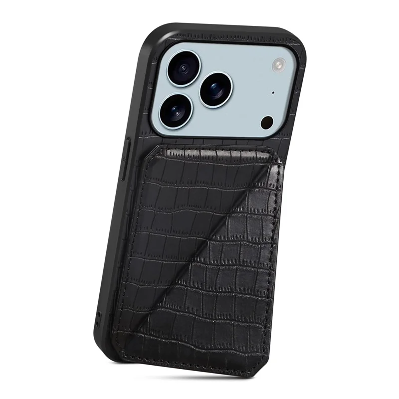 For iPhone 17 Pro Max Case with Card Holder Leather + PC + TPU Crocodile Textured Back Cover - Black