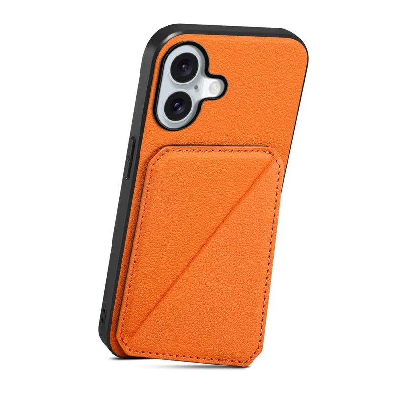 For iPhone 17 Case Card Holder Kickstand Calf Textured Leather + PC + TPU Phone Cover - Orange