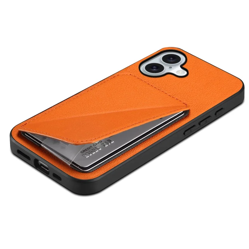 For iPhone 17 Case Card Holder Kickstand Calf Textured Leather + PC + TPU Phone Cover - Orange