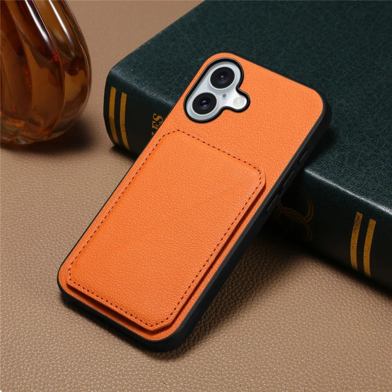 For iPhone 17 Case Card Holder Kickstand Calf Textured Leather + PC + TPU Phone Cover - Orange