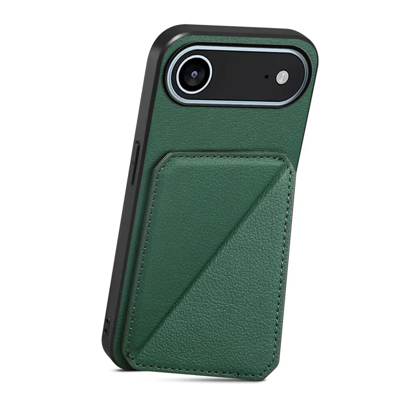 For iPhone 17 Air Case Card Holder Kickstand Calf Textured Leather + PC + TPU Phone Cover - Green