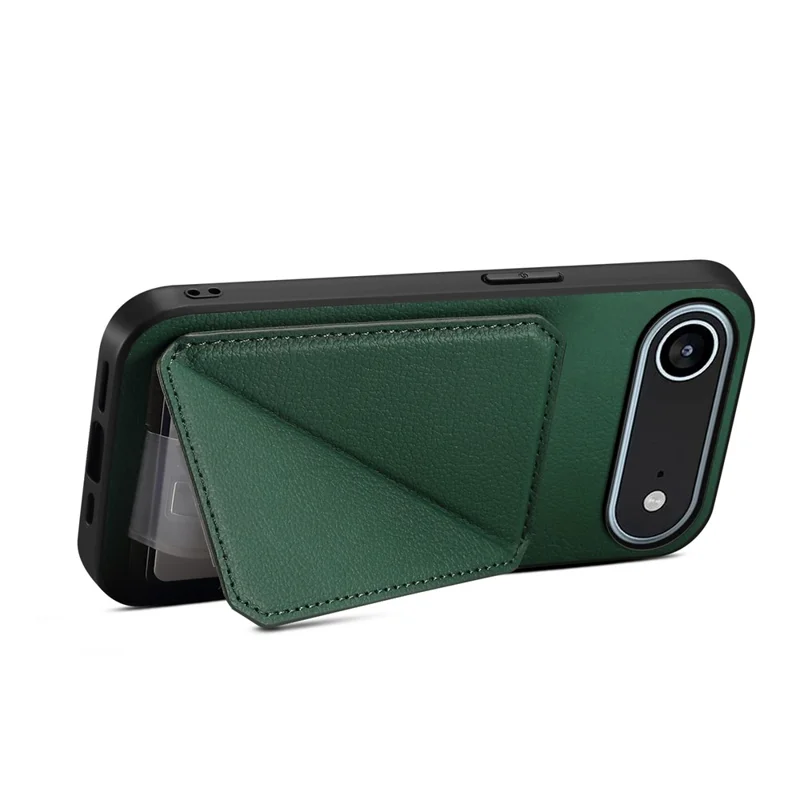 For iPhone 17 Air Case Card Holder Kickstand Calf Textured Leather + PC + TPU Phone Cover - Green
