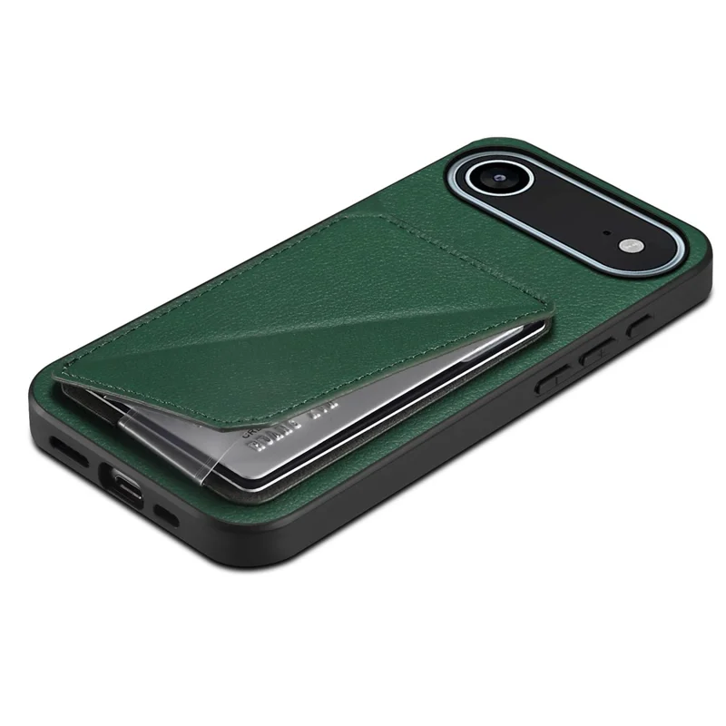 For iPhone 17 Air Case Card Holder Kickstand Calf Textured Leather + PC + TPU Phone Cover - Green