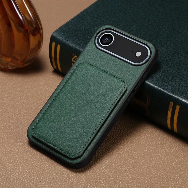 For iPhone 17 Air Case Card Holder Kickstand Calf Textured Leather + PC + TPU Phone Cover - Green