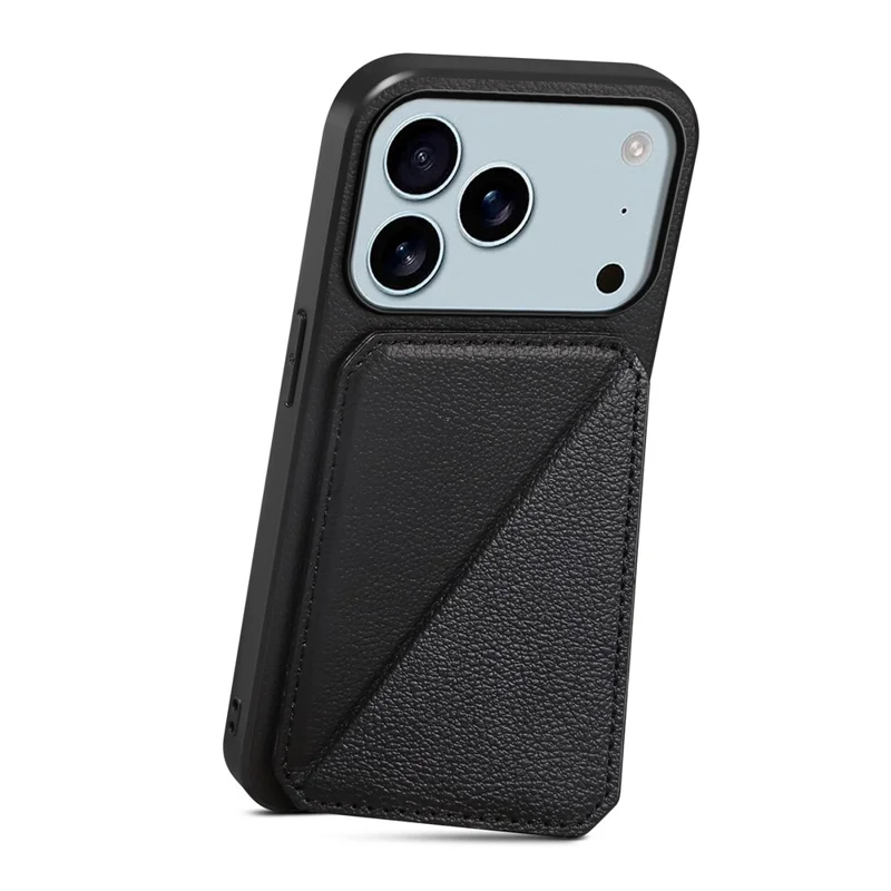 For iPhone 17 Pro Case Card Holder Kickstand Calf Textured Leather + PC + TPU Phone Cover - Black