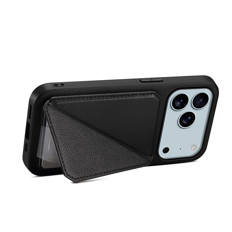 For iPhone 17 Pro Case Card Holder Kickstand Calf Textured Leather + PC + TPU Phone Cover - Black