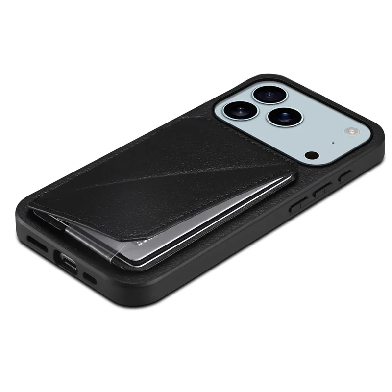 For iPhone 17 Pro Case Card Holder Kickstand Calf Textured Leather + PC + TPU Phone Cover - Black