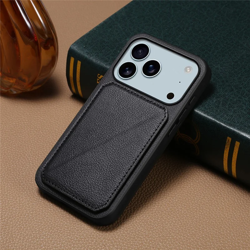 For iPhone 17 Pro Case Card Holder Kickstand Calf Textured Leather + PC + TPU Phone Cover - Black