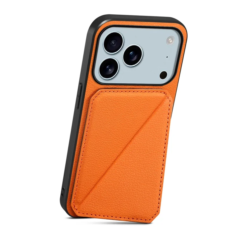 For iPhone 17 Pro Case Card Holder Kickstand Calf Textured Leather + PC + TPU Phone Cover - Orange