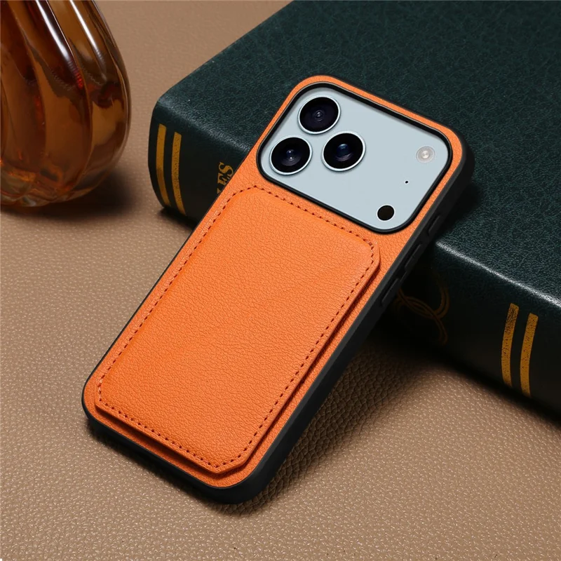 For iPhone 17 Pro Case Card Holder Kickstand Calf Textured Leather + PC + TPU Phone Cover - Orange