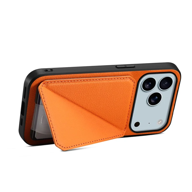 For iPhone 17 Pro Max Case Card Holder Kickstand Calf Textured Leather + PC + TPU Phone Cover - Orange