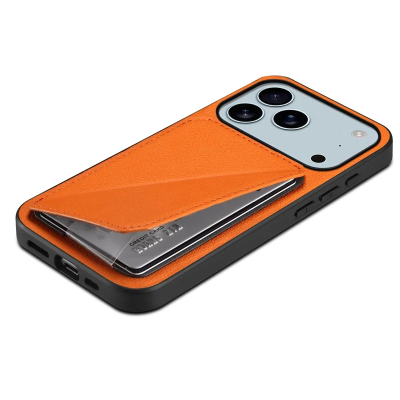 For iPhone 17 Pro Max Case Card Holder Kickstand Calf Textured Leather + PC + TPU Phone Cover - Orange
