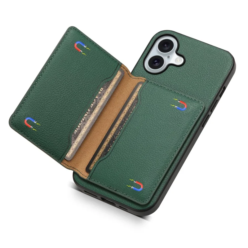 For iPhone 17 Case with Card Slots Kickstand Calf Texture Leather Phone Back Cover - Green