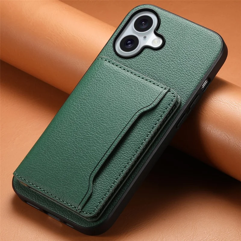 For iPhone 17 Case with Card Slots Kickstand Calf Texture Leather Phone Back Cover - Green