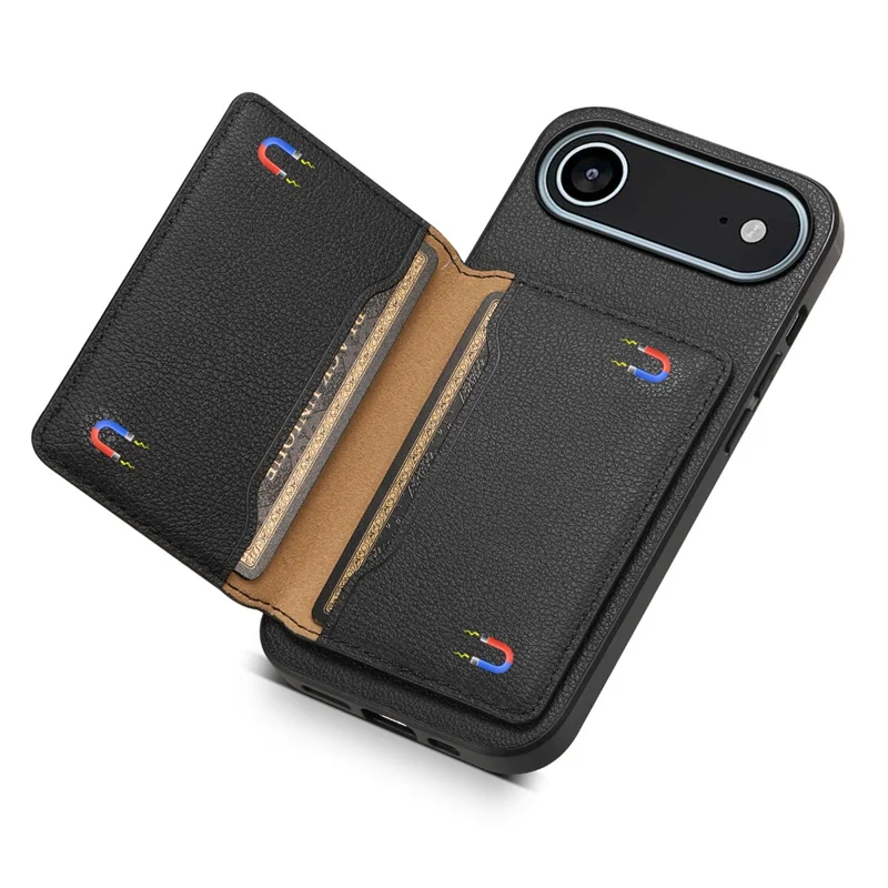For iPhone Air Case with Card Slots Kickstand Calf Texture Leather Phone Back Cover - Black