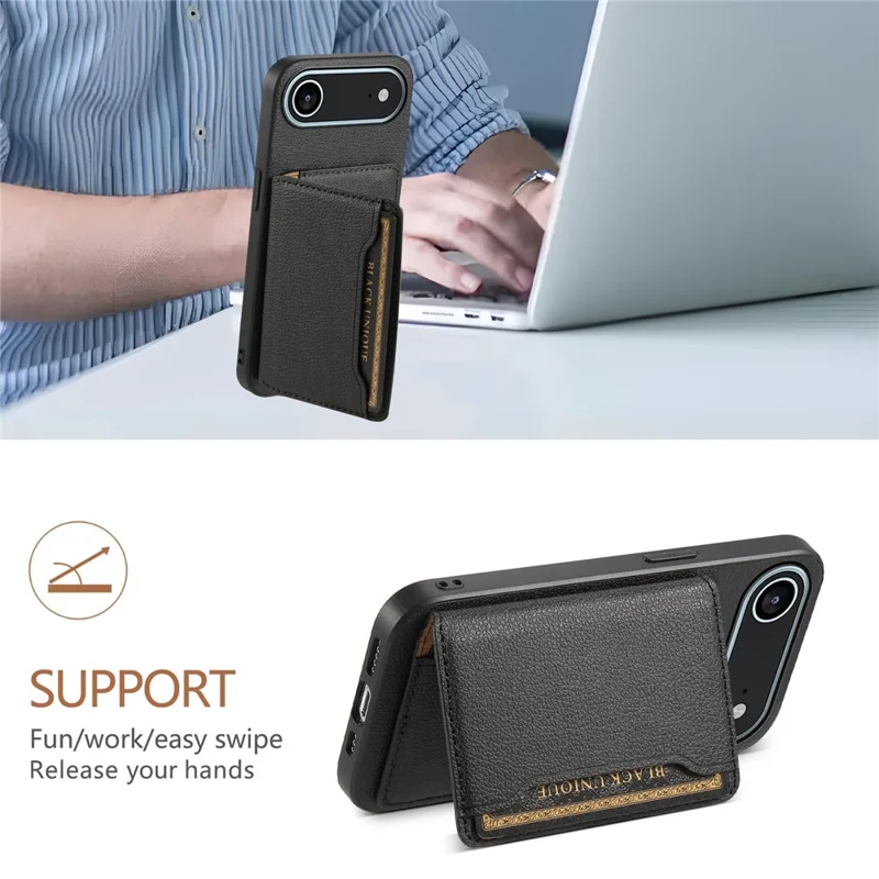For iPhone Air Case with Card Slots Kickstand Calf Texture Leather Phone Back Cover - Black