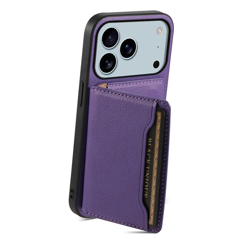For iPhone 17 Pro Case with Card Slots Kickstand Calf Texture Leather Phone Back Cover - Purple