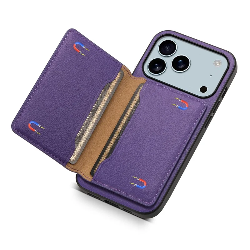 For iPhone 17 Pro Case with Card Slots Kickstand Calf Texture Leather Phone Back Cover - Purple