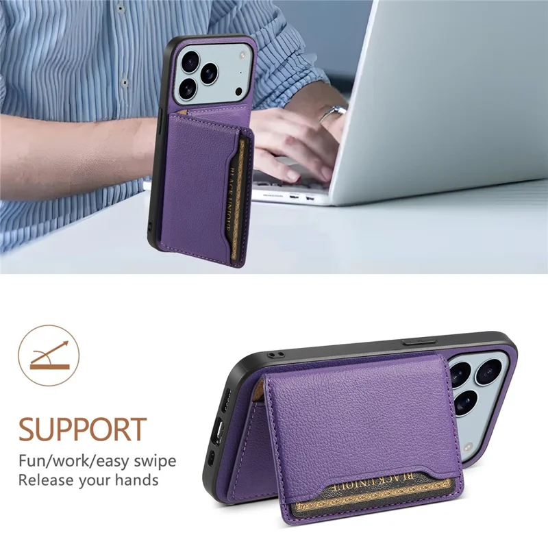 For iPhone 17 Pro Case with Card Slots Kickstand Calf Texture Leather Phone Back Cover - Purple