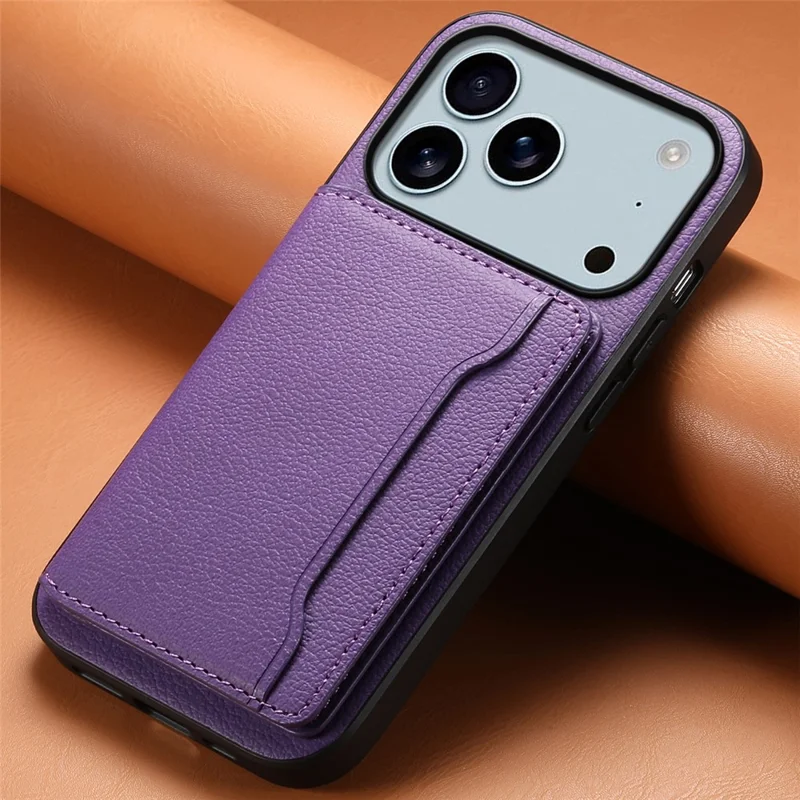 For iPhone 17 Pro Case with Card Slots Kickstand Calf Texture Leather Phone Back Cover - Purple