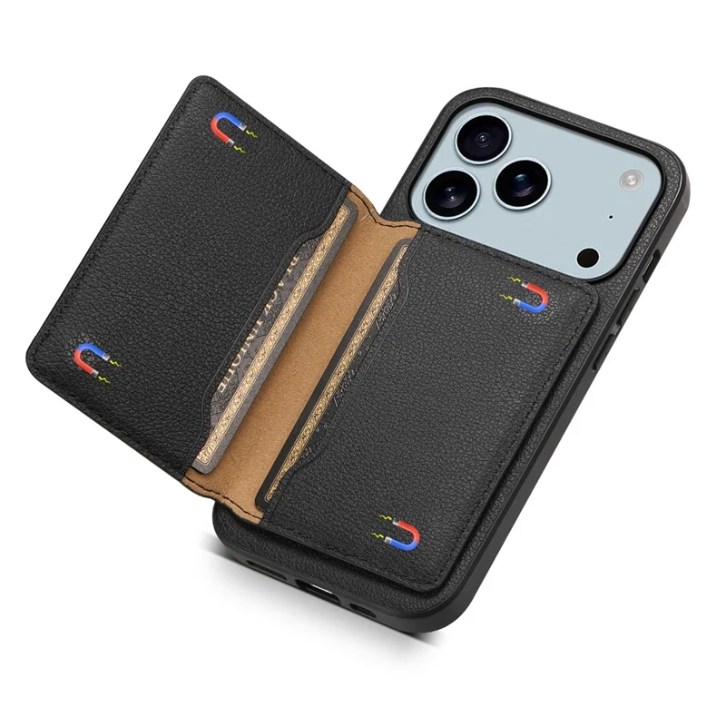 For iPhone 17 Pro Max Case with Card Slots Kickstand Calf Texture Leather Phone Back Cover - Black