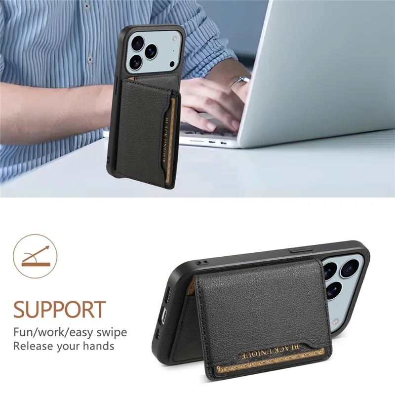 For iPhone 17 Pro Max Case with Card Slots Kickstand Calf Texture Leather Phone Back Cover - Black