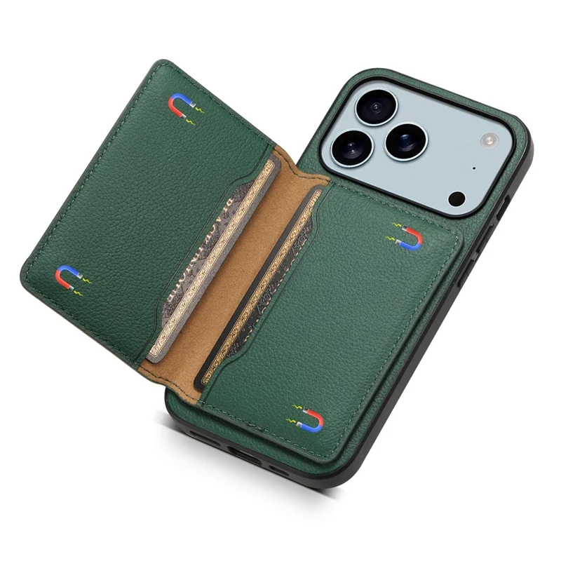 For iPhone 17 Pro Max Case with Card Slots Kickstand Calf Texture Leather Phone Back Cover - Green