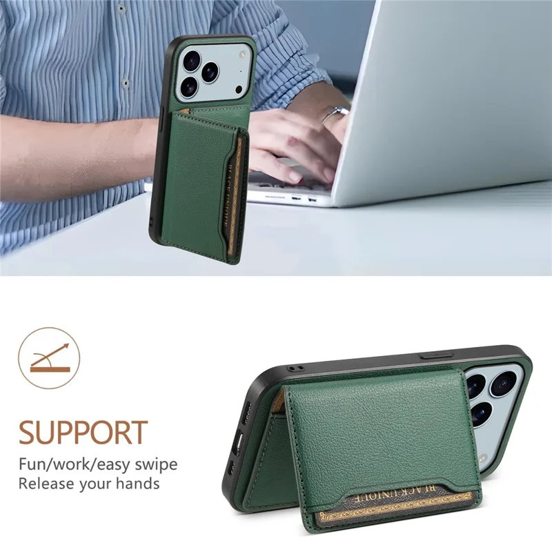 For iPhone 17 Pro Max Case with Card Slots Kickstand Calf Texture Leather Phone Back Cover - Green